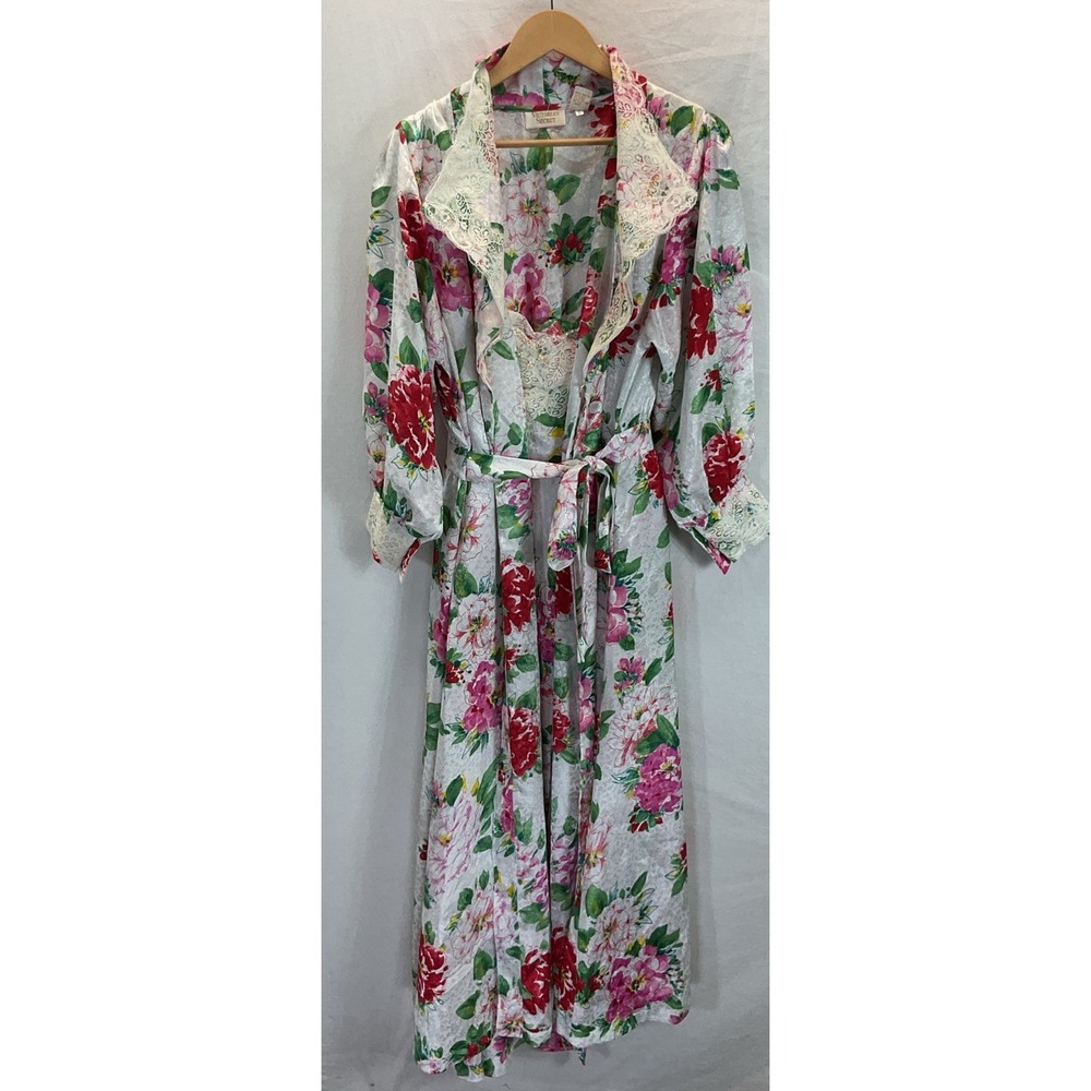 Vtg Victoria's Secret 80s Gold Label Satin Floral Lace Trim Gown and Robe Set L